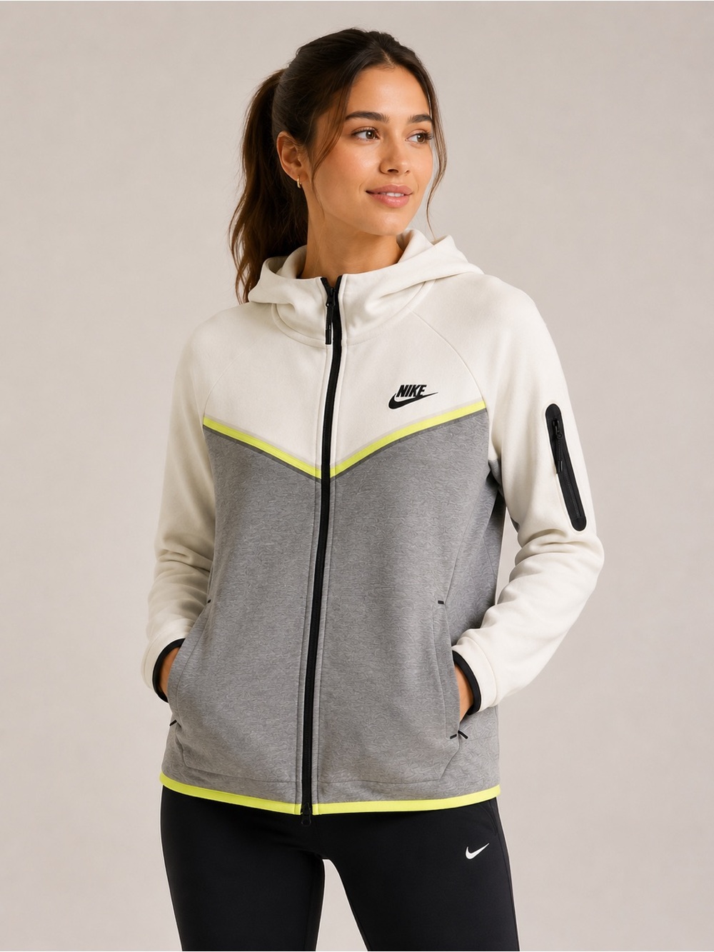 Nike White, Gray & Neon Yellow Zip Hooded Jacket